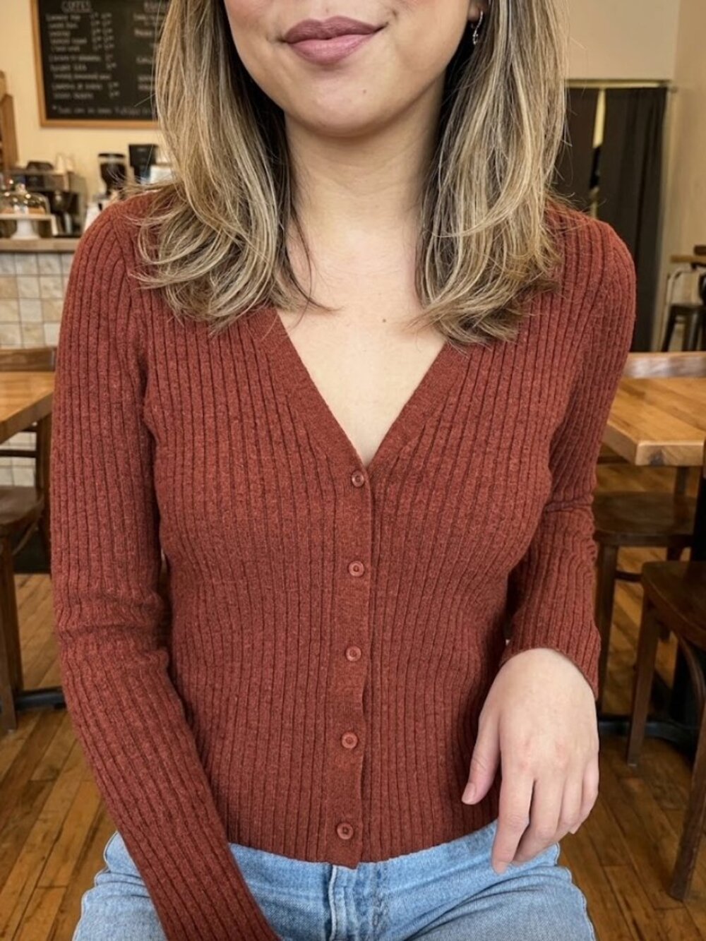 A New Day Ribbed Button Front Cardigan Sweater Womens Autumn Core Rust Brown Siz